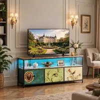INONEFT TV-Schrank mit 3 Stoffschubladen und LED, 137x30x57cm TV-Lowboard mit offenem Fächern und Metallrahmen, TV Sideboard für Wohnzimmer,Mehrfarbig