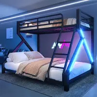 ALFORIGO Etagenbett 90x200/140x200 cm mit LED-Lichtleiste, Metallrahmen, Sicherheitsgeländer und Leiter, Kinderbett ohne Matratze, Schwarz