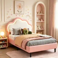 INONEFT Polsterbett 90x200cm, Mädchenbett, Prinzessinnenbett mit LED-Kopfteil, Kinderbett mit Lattenrost für Kinder und Jugendliche, PU, rosa
