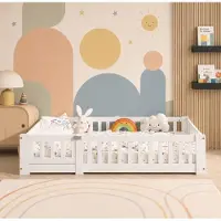 INONEFT Bodenbett 90x190 cm mit Rausfallschutz,Kinderbett mit Abnehmbare Turverkleidung, Montessori bed, Massivholz, ohne Matratze, Weiß