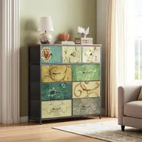 INONEFT Kommode mit 9 Schubladen, Retro Sideboard mit Holzplatte Stoffschubladen Metallgestell, Kommode für Schlafzimmer Wohnzimmer 30x100x100 cm