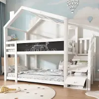 Ropilly Kinderbett Baumhaus 90x200cm weiß aus Kiefer Massivholz und MDF, Etagenbett für Kinder mit Rausfallschutz, Tafel, Schubladen und 2 Lattenrosten