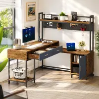 Ropilly L-förmiger Schreibtisch im Industriestil 140x140x135cm Eckschreibtisch mit Schubladen und Regal