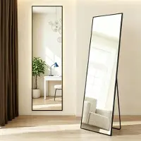 INONEFT Ganzkörperspiegel, 140 x 40 cm, rechteckiger Standspiegel, Rahmen aus Aluminiumlegierung, Hartglas, quadratische Ecke, Schwarz
