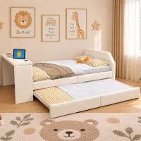 ALFORIGO Kinderbett 90 x 200 mit Schreibtisch/USB – Polsterbett mit Ausziehbett und gepolstertem Rahmen, Gästebett in der Farbausführung Beige