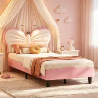 INONEFT Kinderbett 90x190 mit LED ,Einzelbett Polsterbetten mit lattenrost,Prinzessin für Mädchen,kinderbetten, Polyurethan(Rosa Schmetterling)