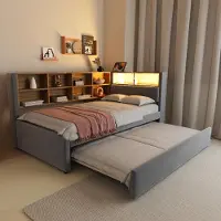 ALFORIGO Ausziehbares Flanell-Schlafsofa 90 × 200 cm mit Unterbett 90 × 190 cm, LED-Licht, USB-, Typ-C- und Steckdosenanschluss sowie Ablagefächern, Dunkelgrau