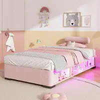 ALFORIGO Kinderbett 90x200 cm mit LED-Seitenregal und Stauraum, rosa Polsterbett als Jugendbett mit Kopfstützen auf 3 Seiten und niedriger Bauweise