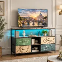 INONEFT TV-Schrank mit 4 Stoff schubladen und LED, 137x30x78cm TV-Lowboard mit 3 offenem Fächern und Metallrahmen, TV Sideboard ,Mehrfarbig