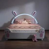 INONEFT Kinderbett 140x200 cm mit LED, Hasen-Design, Einzelbett Polsterbett für Mädchen, Samt, Jugendbett Mädchenbett Bettgestell mit Lattenrost