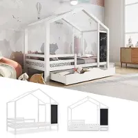 Ropilly Kinderbett Hausbett 90x200cm aus Kiefer-Massivholz und MDF, weißes Holzbett mit Tafel, 2 Schubladen, Zaun und Lattenrost