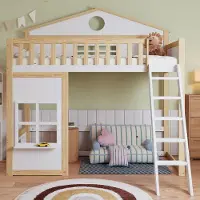 ALFORIGO Etagenbett 90x200 cm mit Treppe, Hausbett-Design mit Dach und Fenstern, Fallschutzgitter, Kieferholz-MDF Rahmen, Weiß Natur für Kinderzimmer