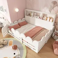 Ropilly Kinderbett 140x190cm aus Holz in Weiß mit Rausfallschutz, Tür, Regal und Lattenrost, Bodenbett für Kinderzimmer