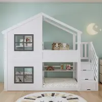ALFORIGO Etagenbett 90x200 cm, Kiefer, MDF und Sperrholz, mit Stauraumtreppe, weiß-graues Hausbett als Kinderbett mit Dach, Fenstern und Lattenrost