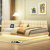 Ropilly Schlafsofa 140x200cm mit LED Lichtleiste, USB Steckdose und Lattenrost, gepolstertes Leinenbett in Beige mit beidseitig montierbaren Schubladen