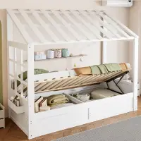 Ropilly Kinderbett 90x200 mit Stauraum, Hausbett Kinder mit Dach und Fenster, weißes Bett im Landhausstil mit hydraulischem Bettkasten und Seitenfächern