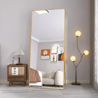INONEFT Ganzkörperspiegel 180×80 cm, Rechteckiger Standspiegel Hängend oder Lehnend an die Wand, für Schlafzimmer, Wohnzimmer Ankleidezimmer, Gold