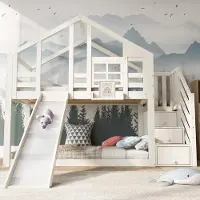Ropilly Kinderbett Baumhaus 90x200cm, Etagenbett für Kinder mit Rutsche, Schubladen, Rausfallschutz und 2x Lattenrost ohne Matratze, Weiß