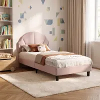 INONEFT Polsterbett 90x200cm mit Blumenform-Kopfteil, Jugendbett Einzelbett mit Lattenrost, Kinderbett aus Samt, Rosa