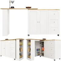 Ropilly Kücheninsel 203x39x106cm aus MDF in Weiß, um 360° drehbar und auf Rollen, mit schlichtem Design für Küche, Esszimmer und Wohnzimmer