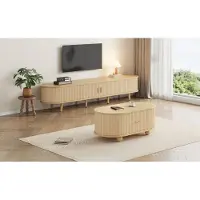 Ropilly Fernsehschrank mit passendem Couchtisch, 170x40x42cm und 100x50x40cm, MDF in heller Walnussoptik mit Stauraum für das Wohnzimmer