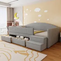 Ropilly Polsterbett 90x190cm Kinderbett mit 2 Schubladen, Schutzgeländer und Stufen, Samtstoff hellgrau für Schlafzimmer