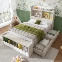 Ropilly Kinderbett 90x190cm mit Stauraum, 2 Schubladen, Regal und Sitzbank, Holzbett weiß mit Eichefarben, Bettgestell mit Lattenrost