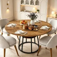 INONEFT Esstisch Rund, 120 cm Esstisch, für 4-6 Personen, Esszimmertisch mit Holzplatte und Metalltischbeine,Tigerstreifenfarbe + Schwarz