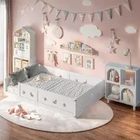 INONEFT Bodenbett 120x200 Montessor bett mit Rausfallschutz & Lattenrost, Massives Bett fürJungen & Mädchen aus Holz Kiefer, Holzbett in Weiß