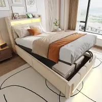Ropilly Kinderbett 90x200cm Polsterbett aus Leinenstoff Beige mit Stauraum, LED-Beleuchtung, USB-Steckdose und Kopfteil mit Regalen