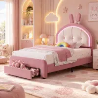 INONEFT Kinderbett 90x200 cm, Hasenfigur-Polsterbett mit LED-Beleuchtung und Schublade, Einzelbetten mit Höhenverstellbares Kopfteil, Samt Rosa