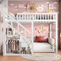 INONEFT Etagenbett 90x200,Hochbett kinder mit Streppe & Aufbewahrungsschrank,Platzsparendes Jugendbett mit Lattenrost,Spielbett für Kinderzimmer,Weiß Holzbett