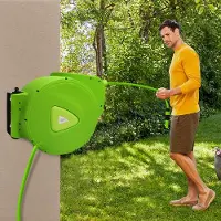 QEENTOE Schlauchtrommel Wasser 30m+ 2m automatisch mit Handbrause und Gartenschlauch 180°schwenkbar, für Garten, Bewässerung, Autowäsche(Grün)