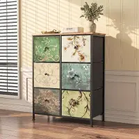 INONEFT Kommode mit 6 Stoffschubladen, 67.5×30×86,5 cm, Vintage Muster, Schlafzimmer Kommode mit Metallrahmen & Holzplatte, für Küche, Büro, Diele