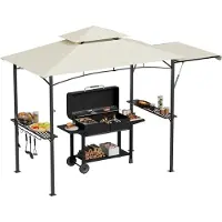 QEENTOE Grillpavillon mit Seitenmarkise, Doppeldach, 2 Seitenregalen & Haken, wasserfeste Grillüberdachung, 245x141x253cm, Beige