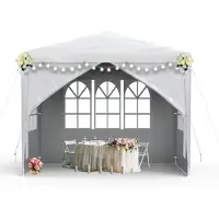 QEENTOE 3x3 m Gartenpavillon Weiß, wasserfestes Polyethylen-Zelt mit 4 Seitenwänden, Reißverschluss-Tür, Partyzelt für Gartenveranstaltungen