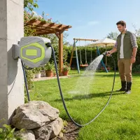 QEENTOE Wandmontage Schlauchtrommel 30M Gartenschlauch, Schlauchaufroller mit Handbrause und Anschlüssen, Automatik-Aufrollung 10 Sprühmodi Grün