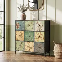 INONEFT Kommode mit 9 Stoffschubladen, 100×30×86,5 cm, Vintage Muster, Schlafzimmer Kommode mit Metallrahmen & Holzplatte, für Küche, Büro, Diele