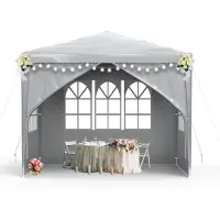 QEENTOE 3x3 m Gartenpavillon Grau, wasserfestes Polyethylen-Zelt mit 4 Seitenwänden, Reißverschluss-Tür, Partyzelt für Gartenveranstaltungen