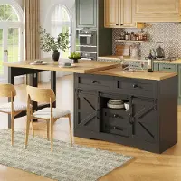 Ropilly Kücheninsel mit ausziehbarem Tisch, 120-197x40x72cm, MDF in Schwarz und Eichenoptik, mit Stauraum für Küche und Esszimmer