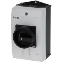 Eaton 199913 Hauptschalter, P1, 40 A, Aufbau, 3-polig, 1 Schließer, 1 Öffner, HALT-Funktion, mit schwarzem Drehgriff und Sperrkranz, abschließbar