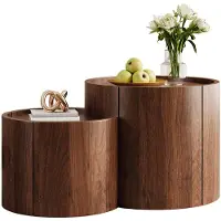 Moonbite Couchtisch mit Stauraum 77,5 cm, runder Wohnzimmertisch Schubladen geschwungene Türen, Sofatisch mehrere Ablageebenen, Spanplatte, Nussbaum