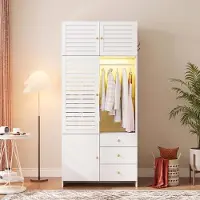 Flieks Kleiderschrank mit Schubladen und Tür, Garderobe mit Wäschekorb und Kleiderstange, Hochschrank mit LED-Beleuchtung, 90 x 50 x 200 cm, Weiß, PB