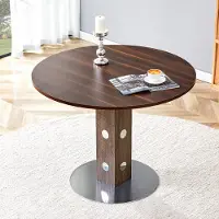Ninkear Runder Esstisch 100cm, Holzpedestal, Spiegelakzente, Walnuss, 2-4 Personen (Walnut)