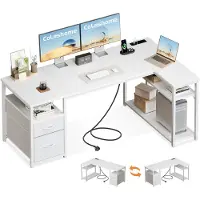 OEM L-Schreibtisch 160x80 cm mit Schubladen & Steckdosen, Weiß