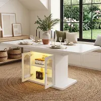 Ulife Esstisch, 150/200 x 80 cm, Weiß, ausziehbar, aus MDF, mit Stauraum, LED und Marmoroptik