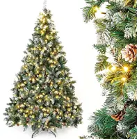 Merkloos Künstlicher Weihnachtsbaum Christbaum Tannenbaum - 210 cm - 470 warmweiße LEDs - 1401 Astspitzen - Mit Tannenzapfen und Kunstschnee