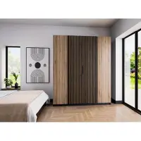 AX Living Nehir Kleiderschrank 200 cm Korpus Schwarz, Front Eiche Evoke/Schwarz, 2 Lamellentüren mittig