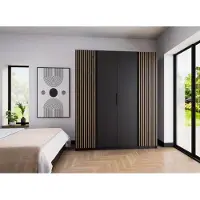 AX Living Nehir Kleiderschrank 200 cm Korpus Schwarz, Front Schwarz/Eiche Evoke, 2 Lamellentüren außen
