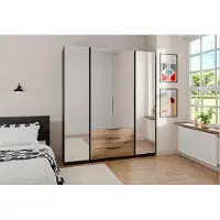 AX Living Nehir Kleiderschrank 200 cm Schwarz/Eiche Evoke, 4 Spiegel, 3 Schubladen